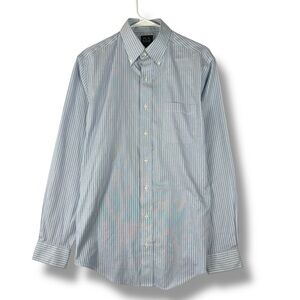 Jos A Bank Traveler Shirt Mens 15.5- 35 M Blue White Stripes Button Dress Shirt